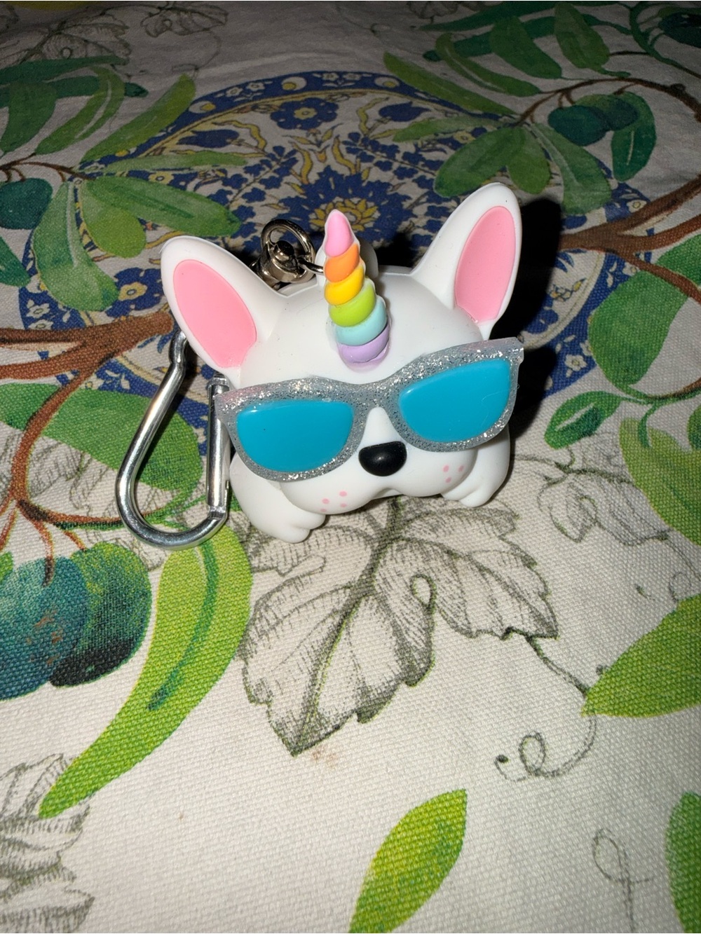 White unicorn dog keychain with rainbow horn and blue glitter sunglasses - Picture 2 of 5